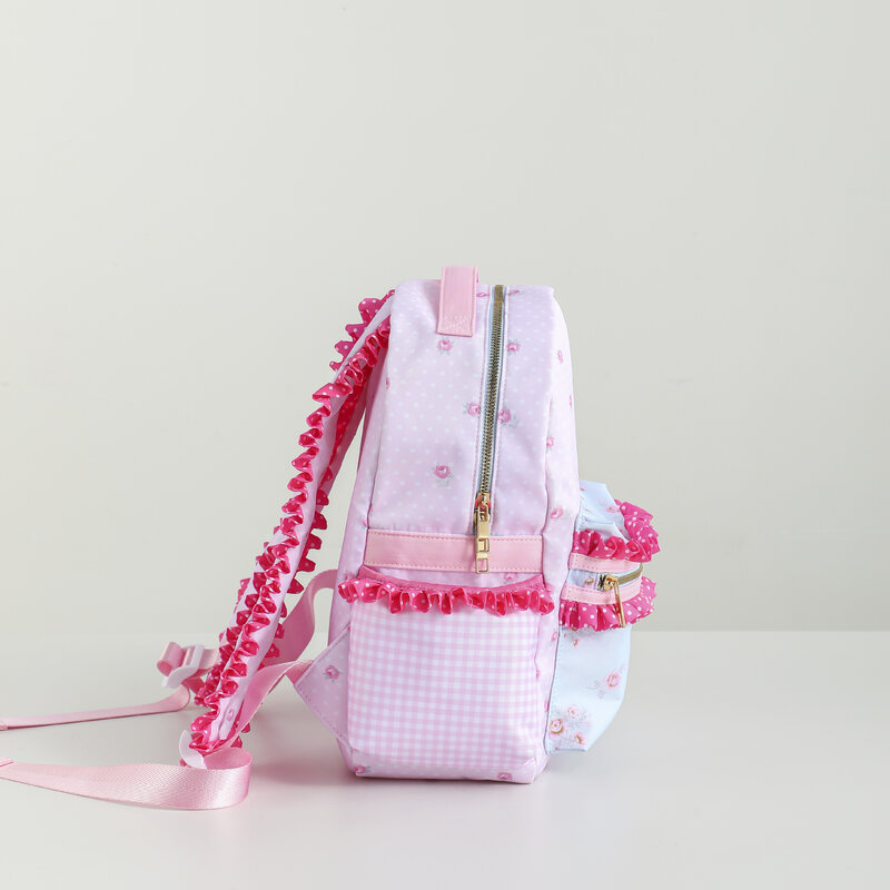 Marszczona plecak dla dziewcząt kwiecista płócienna podszewka w kratę o dużej pojemności różowa słodka z powrotem do szkoły