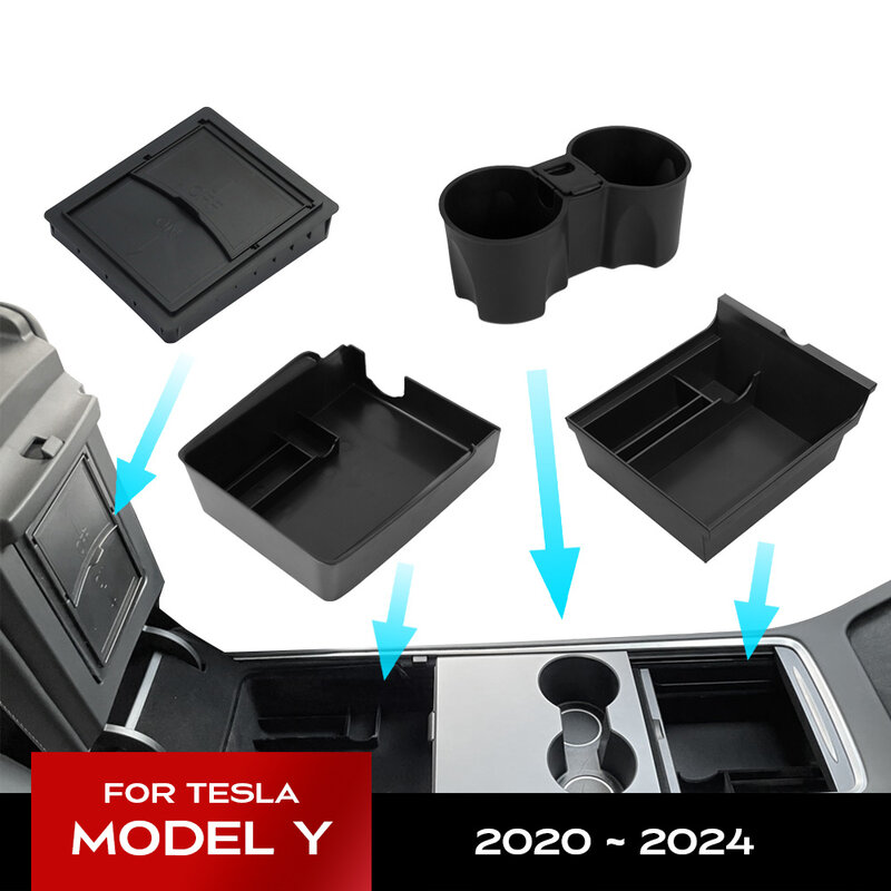 테슬라 모델 Y용 숨겨진 보관함, 자동차 센터 콘솔 팔걸이, 전면 및 후면 플록 레이어 그리드, 정리 컨테이너 슬라이드