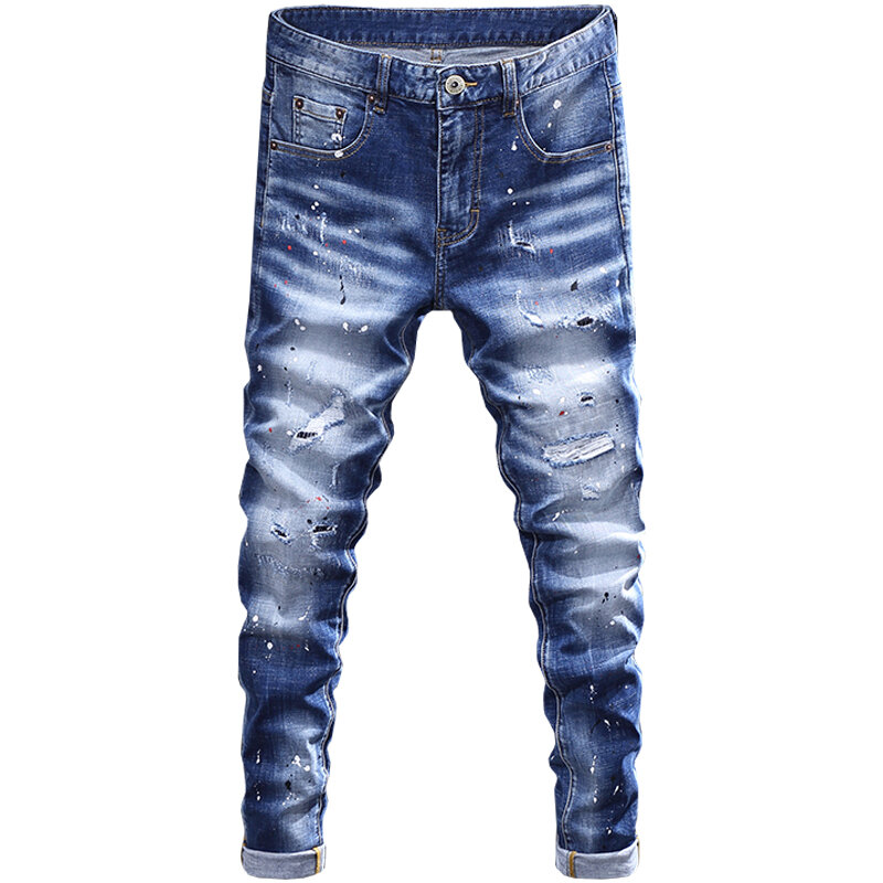 Street modne dżinsy męskie niebieskie w stylu Retro Stretch elastyczna Slim Fit porwane jeansy mężczyźni malowane projektant Hip-Hop spodnie jeansowe ołówkowe Hombre