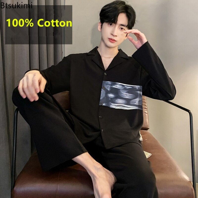 Spring Autumn New Men's Fashion Pajamas Sets Long Sleeves Pure Cotton Home Clothes Male Breathable Big Size Nightwear Young Teen