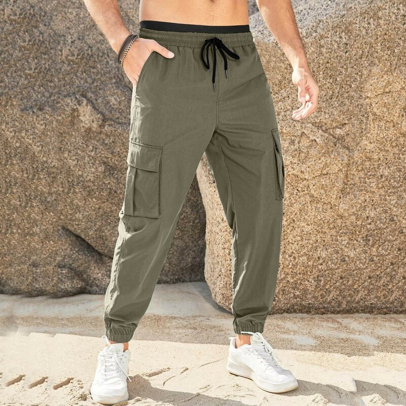 Male Cargo Trousers Cascal Large Size Solid Tie Side Multi Pockets Long Pants Casual Sweatpants Soft Sports Pants Jogging Wear