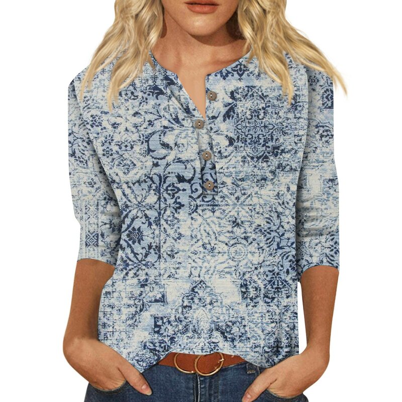 Estetyczna odzież codzienna na co dzień kwiatowy Print damska bluzka 2024 guzik z dekoltem w kształcie litery V letnie 3/4 rękawy damskie bluzki luksusowe koszulki