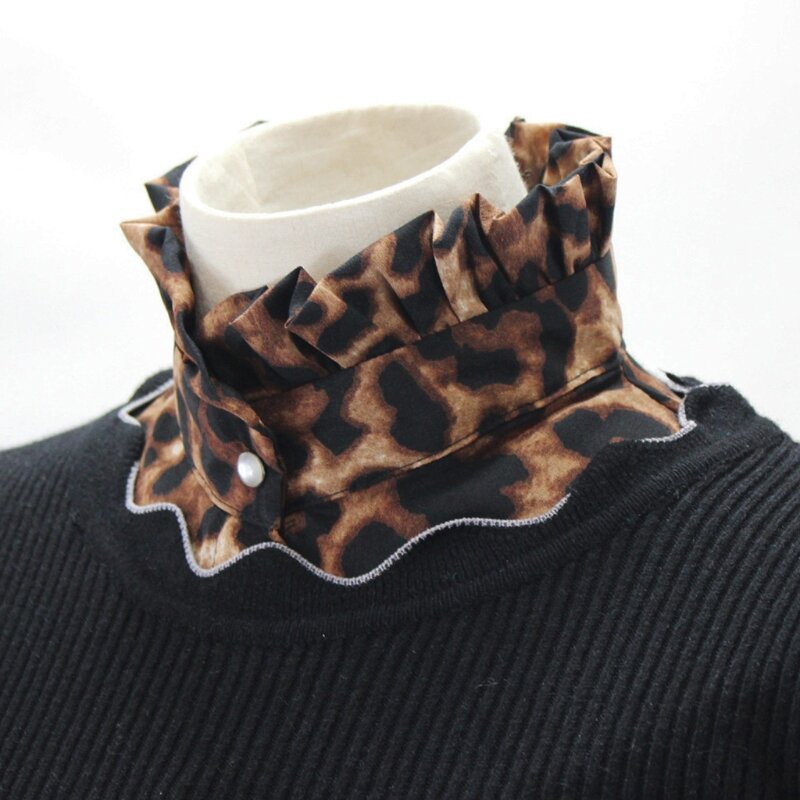 レディース女性ヴィンテージ Leoaprd プリントシフォンハーフシャツブラウスセーター装飾取り外し可能なフェイクフリルスタンドカラー N7YD