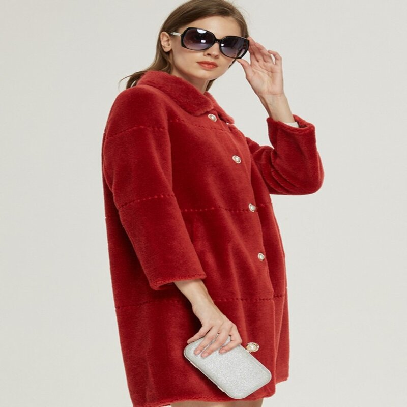 New Winter Women Lapel Collar Single Breasted Long Real Wool Jacket Elegant Ladies Sheep Fur Coat Thick Warm Overcoat Size S-8XL