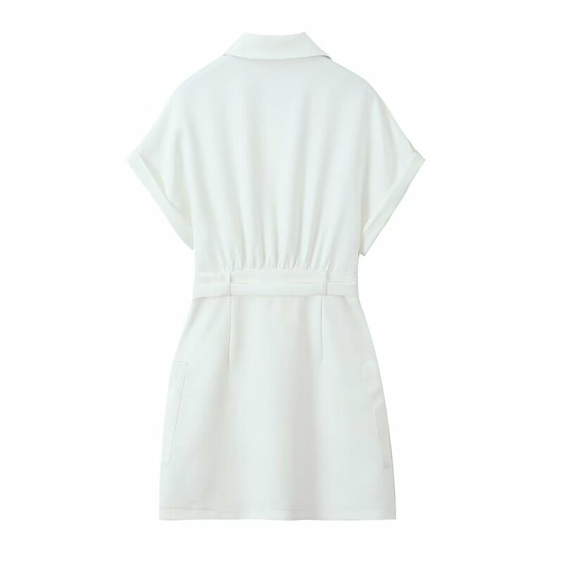 Mini vestido de manga curta para cima feminino com cinto Decoração de Bolso, Camisa Casual Estilo, Moda Retro, Nova