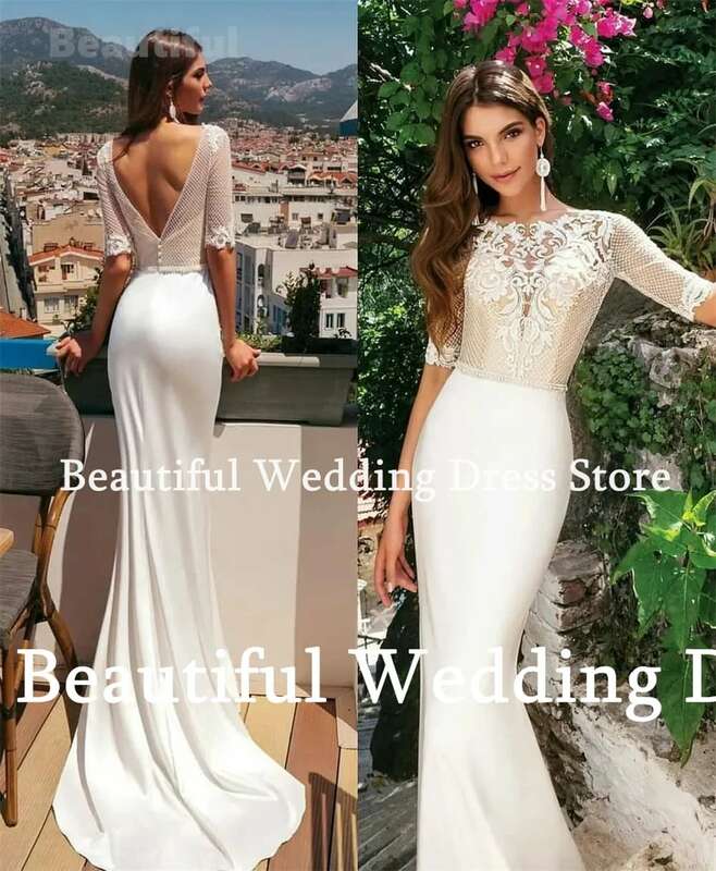 2024 Vestidos Unique Boho Wedding Dress O-Neck Half Sleeves Lace Appliques Mermaid Satin Floor-Length Beach Wedding Party Dress