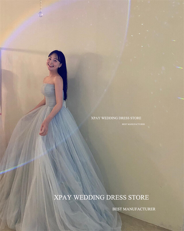 Xpay Eenvoudige Stoffige Blauwe Zachte Tule Korea Prom Jurken Strapless Veters Terug Avondjurken Bruiloft Fotoshoot Vloerlengte