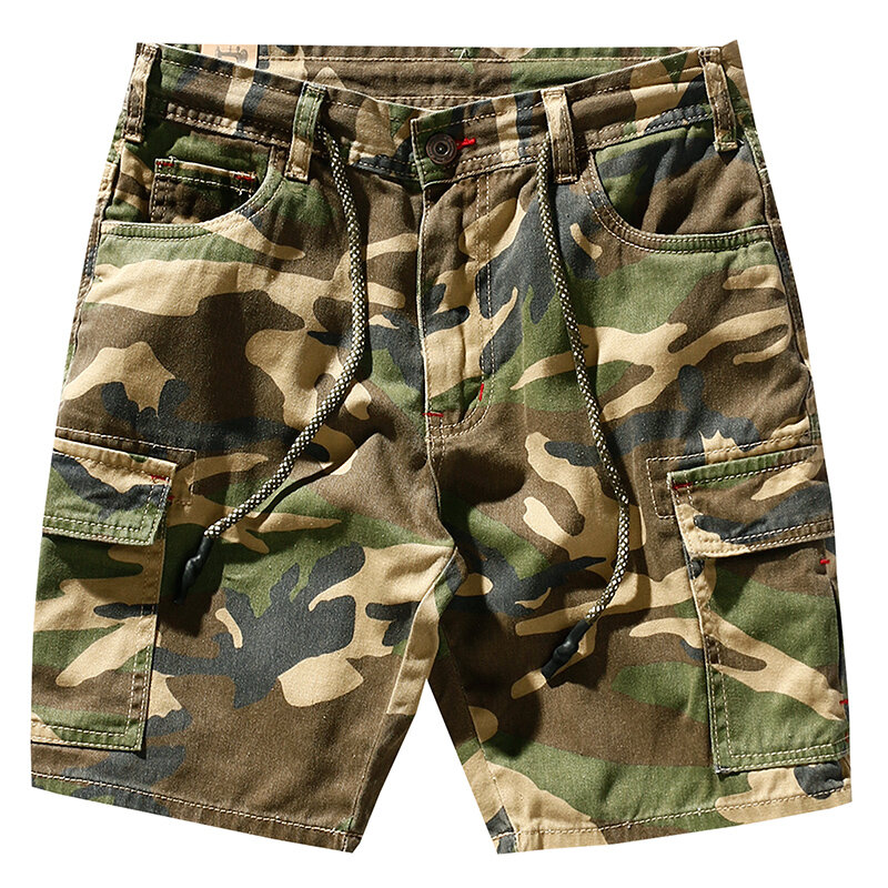 Verão novo americano retro camuflagem carga shorts moda masculina 100% algodão lavado cordão multi-bolso casual 5 pontos calças