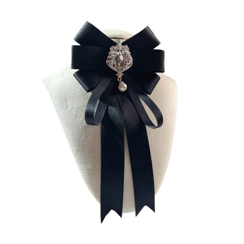 Vintage perłowa muszka z błyszczącymi cyrkoniami regulowana spinki biżuteria francuska broszka kobiety elegancki kryształowy wisiorek krawat