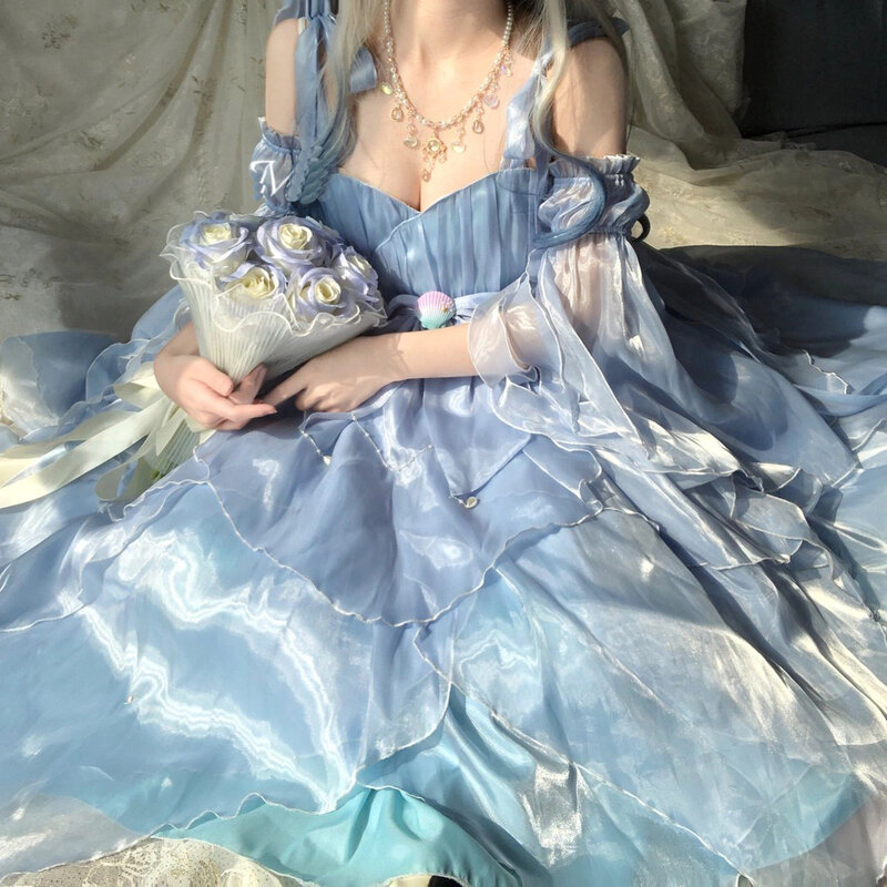 فستان بحمالات أزرق طويل ، فستان زفاف بزهرة ، رائع وأنيق