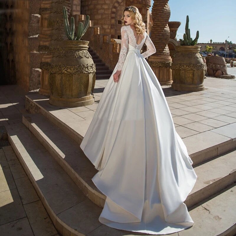 Женское свадебное платье It's yiiya, белое кружевное платье-трапеция до пола с длинными рукавами и V-образным вырезом на лето 2024