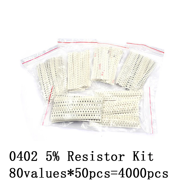 Kit surtido de resistencias SMD, Kit de muestra de 4000 piezas, 0402, 10ohm-1M, ohm, 5%, 80, valuesX, 50 piezas = 4000, piezas