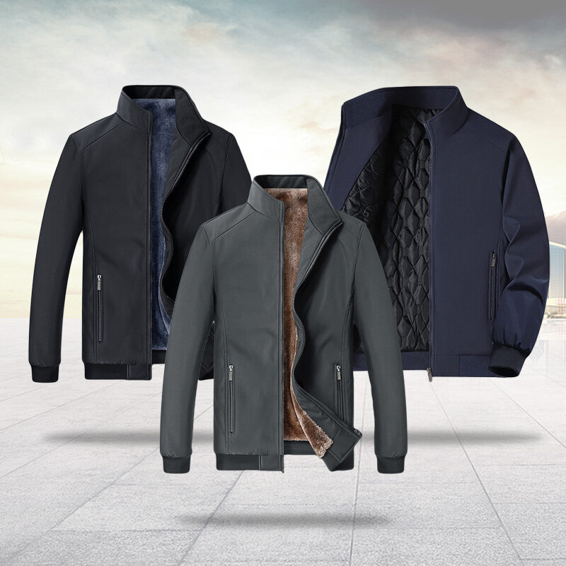 Jaket Katun Plus Bulu Paruh Baya Pakaian Ayah Musim Dingin Jaket Kerah Hangat Tebal Longgar Ukuran Besar Jaket Pria Kasual Modis