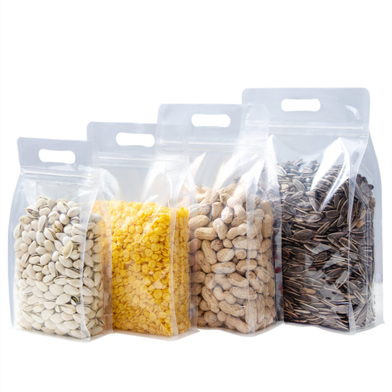StoBag-투명 플라스틱 식품 포장 지퍼 백 핸들 휴대용 봉인 저장, 사탕 곡물 차 너트 말린 과일 로고, 50 개