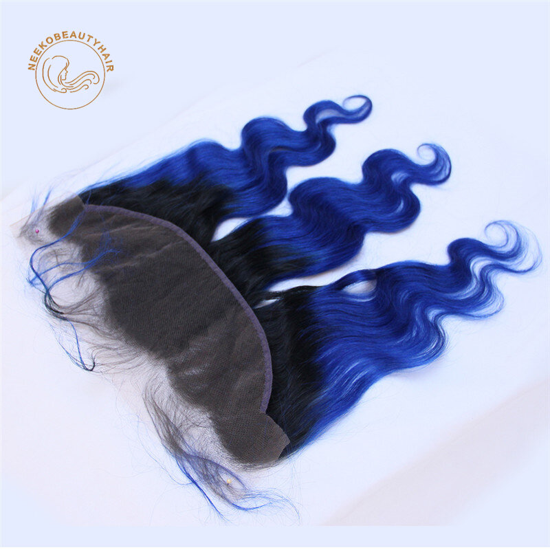 Royal Blue Ombre Human Hair Bundle with Closure Blue Colored Hair Bundles with Frontal Body Wave Hair