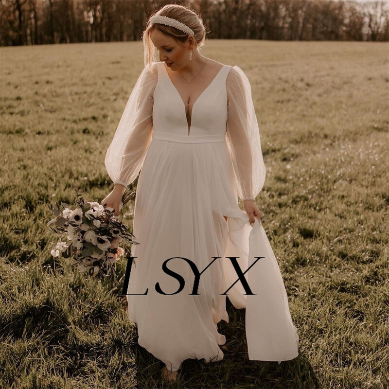 LSYX vestido de novia de gasa con cuello en V profundo, manga larga abullonada, línea A, espalda abierta, abertura lateral alta, tren de corte, vestido de novia hecho a medida