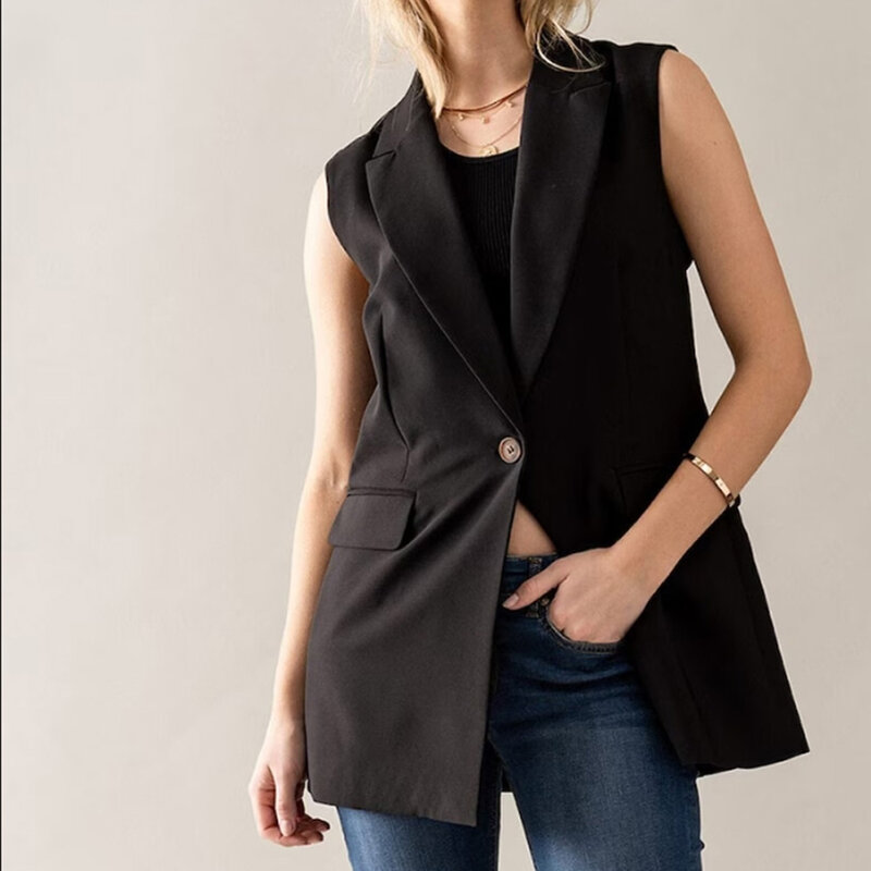 Women's Vest Jacket Single Breasted With One Button Notched Lapel Waistcoat Khaki Casual Office Style Custom Woman Coat