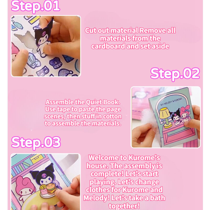 Miniso Sanrio Girl Quiet Book, Kuromi Cinnamoroll My Melody Pochacco, DIY Material Brinquedos para Crianças, Desenvolvimento Mãos na Capacidade