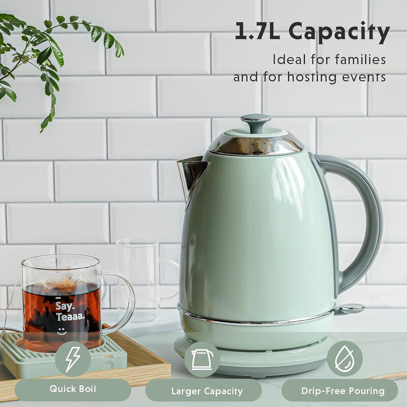 Электрический чайник для чая из нержавеющей стали с автоматическим отключением и защитой от кипячения, беспроводной котел для горячей воды 1,7 л, зеленый