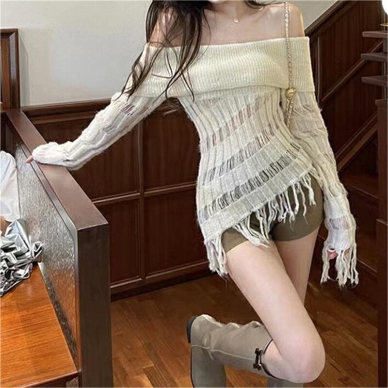 Damski seksowny sweter odsłoniętymi ramionami, wydrążony frędzlami, asymetryczne bluzki dzianiny 066C