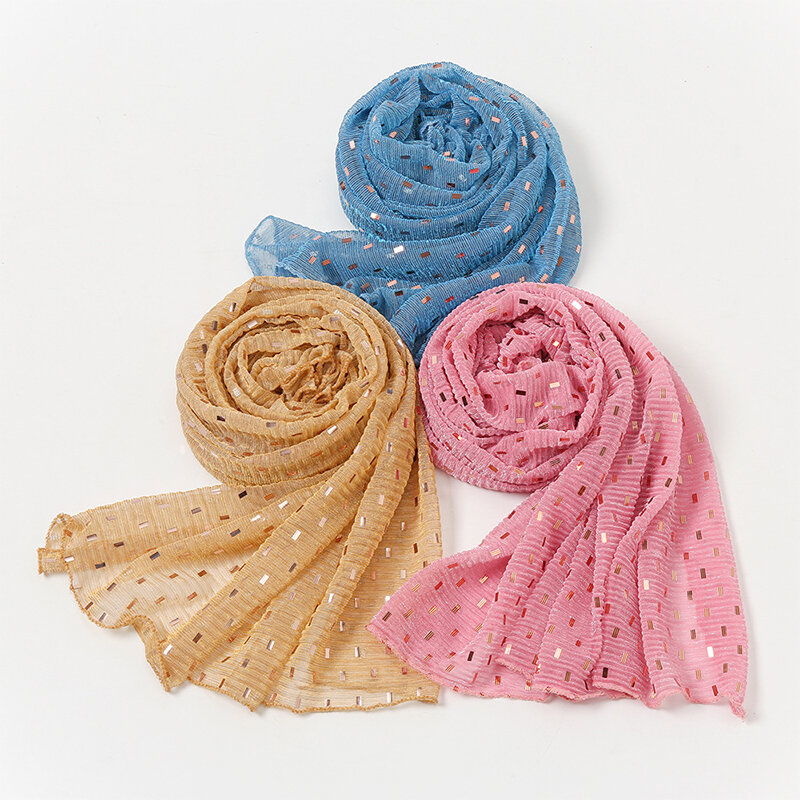 2024 блестящие мерцающие мусульманские хиджабы модный однотонный пузырьковый шифоновый шарф Высококачественная шаль шарфы серебряные мерцающие женские головные шарфы
