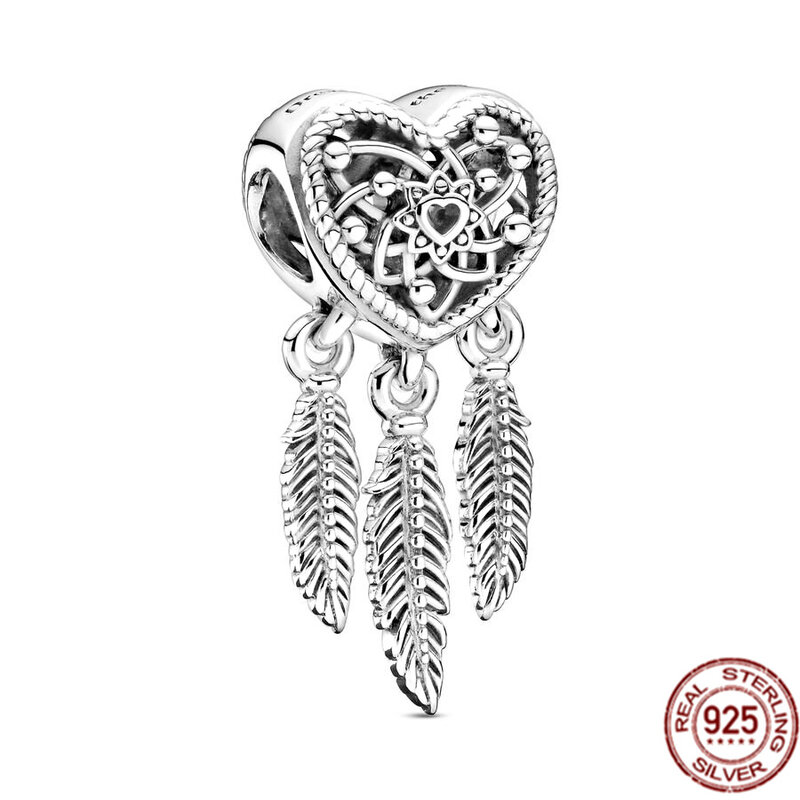 Autentico argento Sterling 925 Openwork cuore e tre piume Dreamcatcher Charm Bead Fit originale Pandora bracciale gioielli regalo