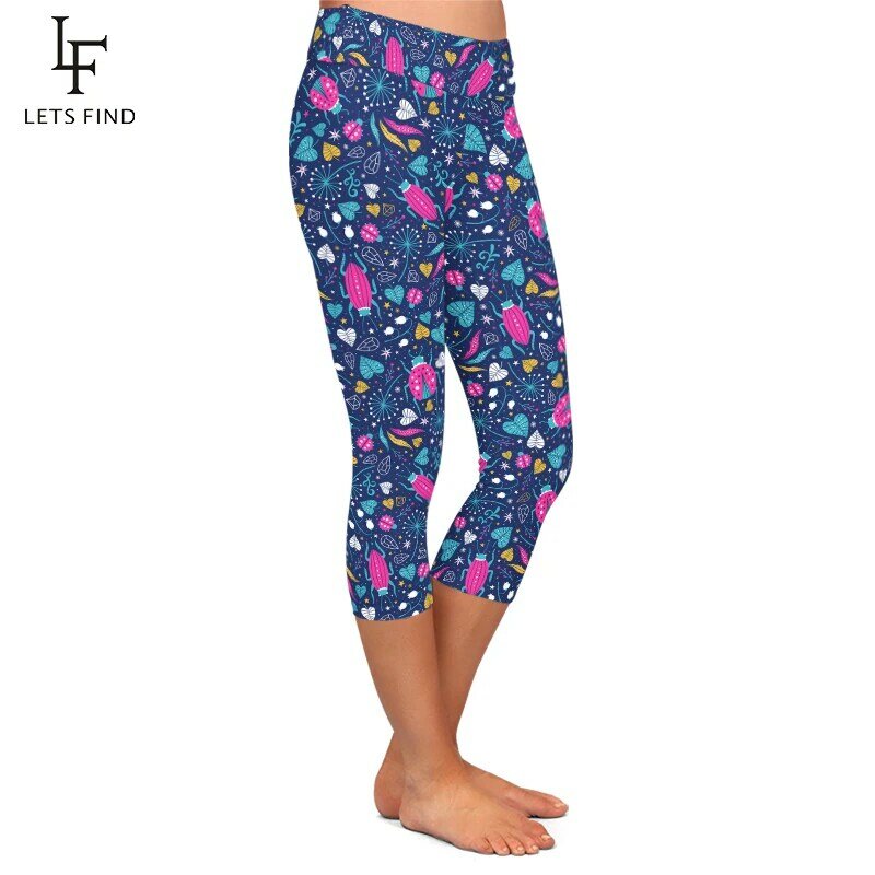 LETSFIND lato 3D kwiatowy biedronka drukowane kobiety legginsy Capri nowy nabytek wysokiej talii miękkie spodnie do fitnessu
