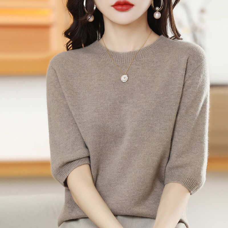 Suéteres de cuello redondo de lana para mujer, camisas informales de manga corta, Tops de Color sólido, camisetas de talla grande, 2022