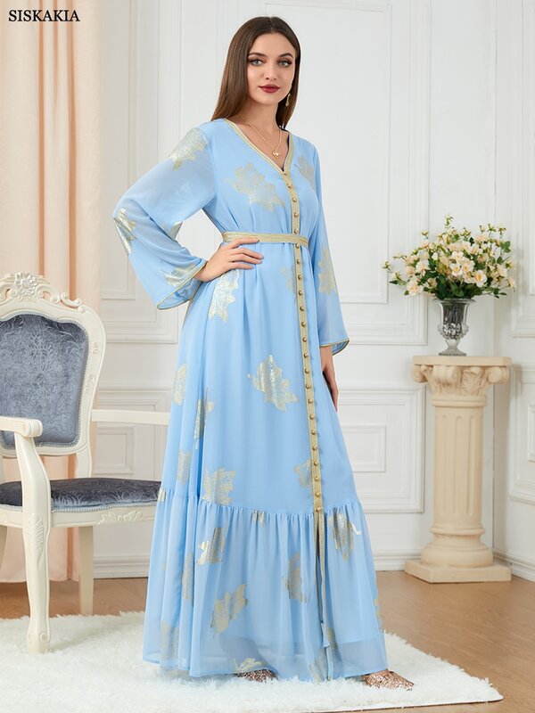 Party Dresses Abayas For Women Dubai 2022 Printed Long Sleeve V-Neck Button Tape Trim Belted Kaftan Split Hem Clothes For Women