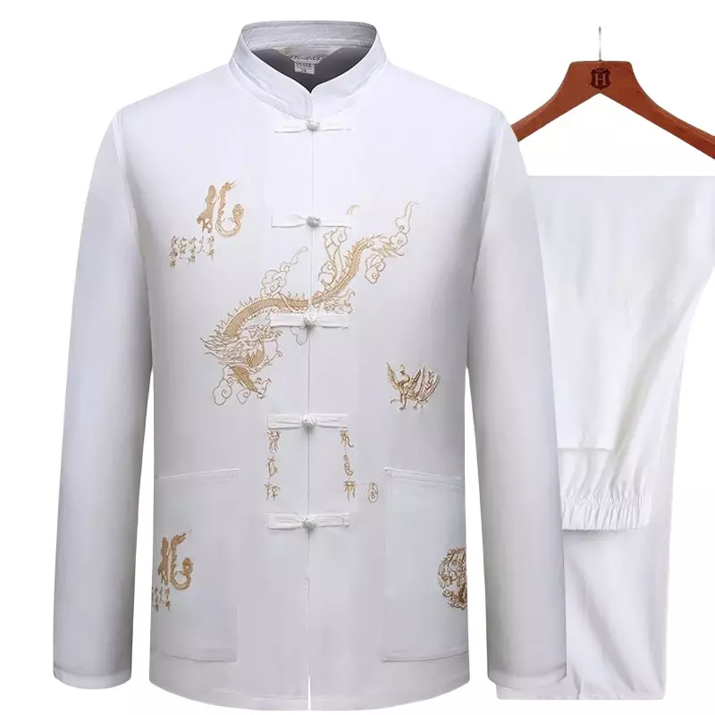 เสื้อคอจีนดั้งเดิมเสื้อคอจีนเสื้อคอจีนกังฟูเสื้อแขนสั้นปักลายเสื้อมังกร M-XXXL