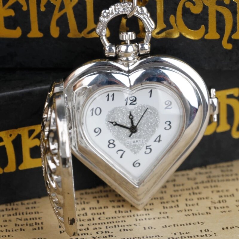 Heart Shaped Hollow Carved Quartz Pocket Watch Arabic Numerals with Chain Pendant Clock Men Women Student Gifts Popular Jewelry