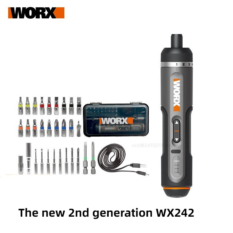 Worx-4V Conjunto De Chave De Fenda Elétrica, WX242, Chaves De Fenda Elétricas Sem Fio Inteligentes, Cabo Recarregável USB, 30 Bit Sets, Ferramentas