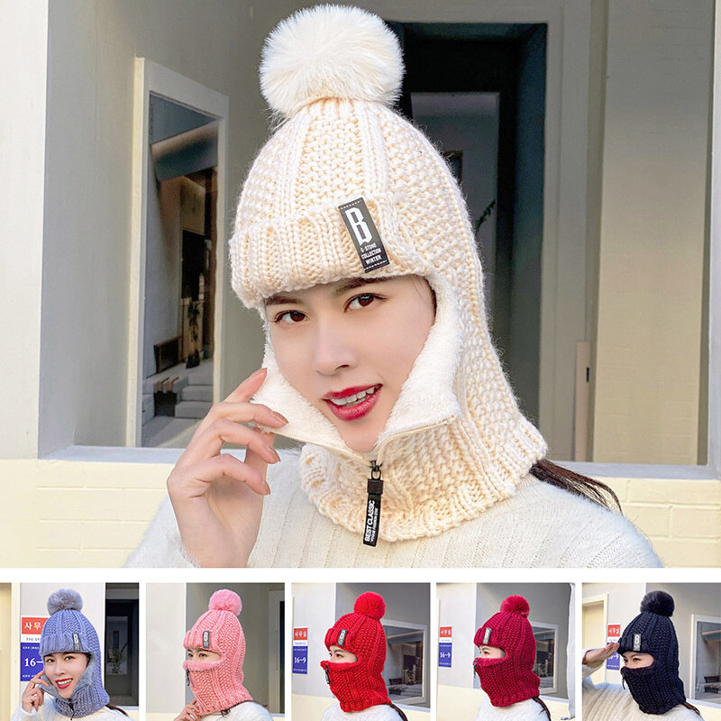 Men Women Knitted Hat Winter Thickened Plush One Piece Outdoor Cycling Zipper Neck Protection Male Female Woolen Cap Accessories