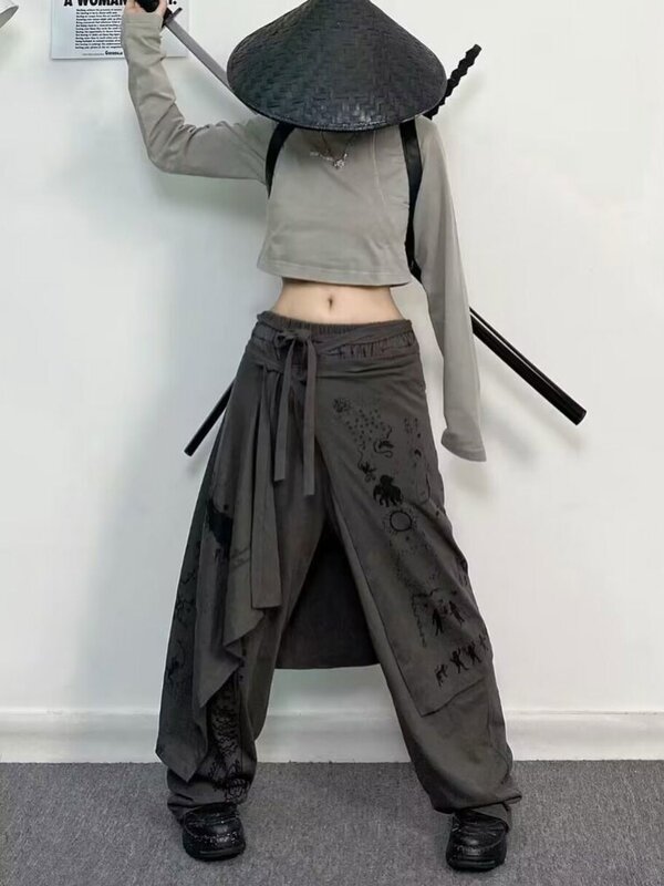 HOUZHOU-saia oversize sobre calças femininas, streetwear vintage gótico, calças patchwork, estilo japonês, moda coreana, harajuku, Y2k