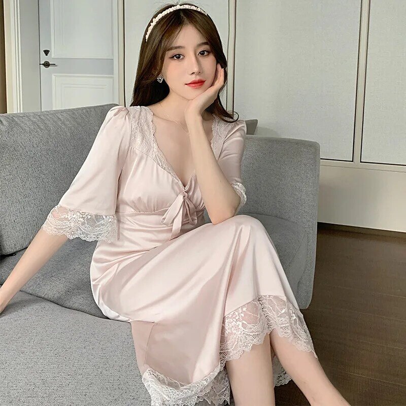 Nightdress For Women Elegant French Court Style Nightgown New Spring Summer Long Sleepwear Casual Thin Satin Homewear Loungewear
