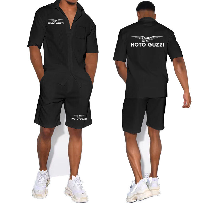 Sommer Herren T-Shirts Shorts 2 Stück Set Moto Guzzi Print Mode Herren Strand Urlaub Strickjacke Kurzarm Set