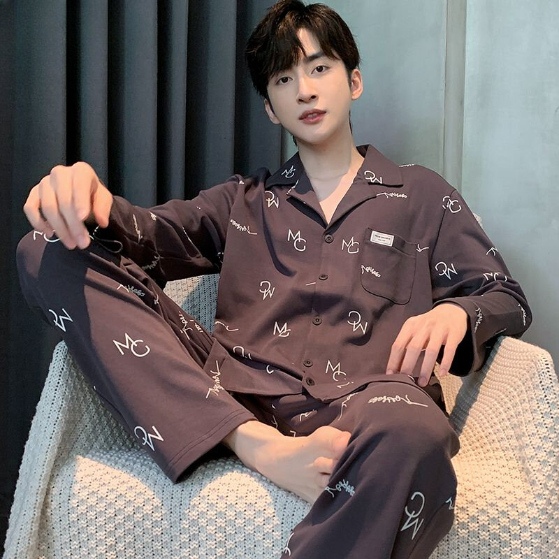 Top Grade Pure Cotton Pajamas Spring and Autumn Long Sleeve Gentleman All Cotton Loungewear Set Can Be Worn Outside Pajama Set