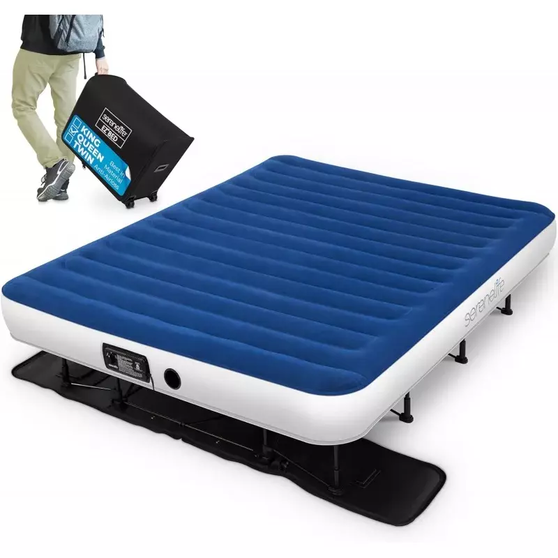 Kasur udara Serenelife Ez Bed, kasur udara dengan bingkai & casing bergulir, kasur udara mengembang sendiri dengan pompa bawaan untuk perjalanan dan hosting, Q
