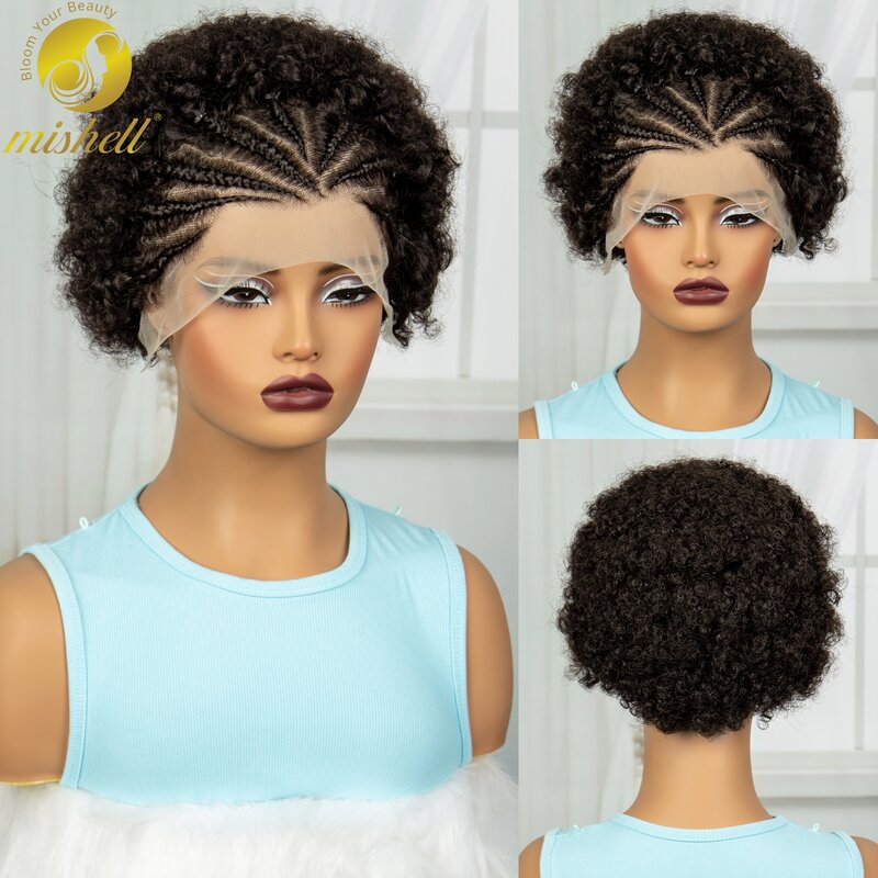 250% Gęstość 6 cali 13x4 HD Przezroczysta koronka Afro Kinky Curly Ludzkie włosy Peruki z warkoczem Krótkie sprężyste kręcone Bob Peruka dla kobiet