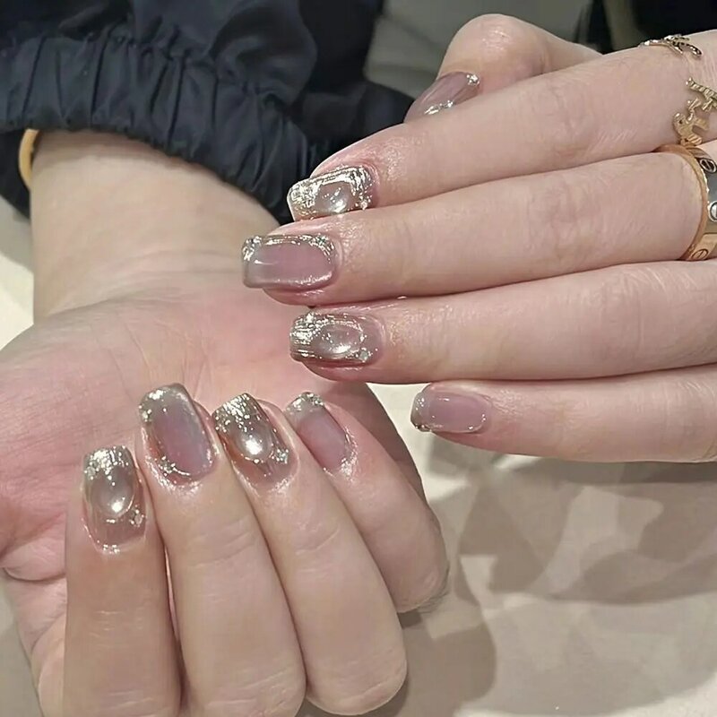 24 szt. Kwadratowe sztuczne paznokcie francuski biała krawędź baletowy do paznokci różowy kocie oko Aurora sztuczne paznokcie pełną okładkę na paznokcie