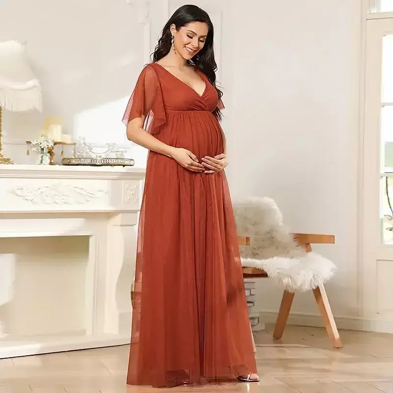 妊婦用Vネックマタニティドレス、妊娠中のイブニングドレス、単色、妊婦用ドレス、ベビーシャワー、ママ写真服