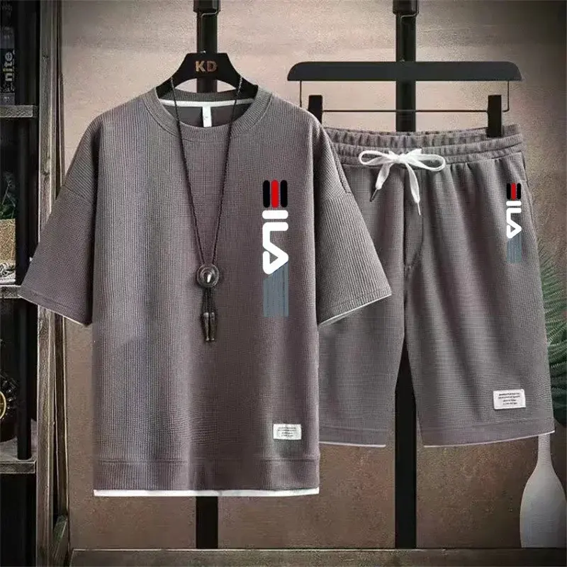 Conjunto de dos piezas para hombre, camiseta informal de tela de lino y traje deportivo, chándal de manga corta a la moda, verano, 2024