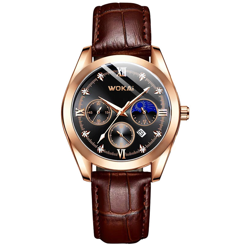 นาฬิกาควอตซ์สำหรับผู้ชายประดับพลอยเทียมหรูหราระดับไฮเอนด์มีปฏิทินทำจากหนัง
