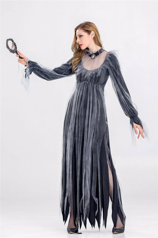 Adult Women Halloween Scary Zombie Ghost Bride Fancy Dress Graveyard Corpse Costume Black Split Long Dress