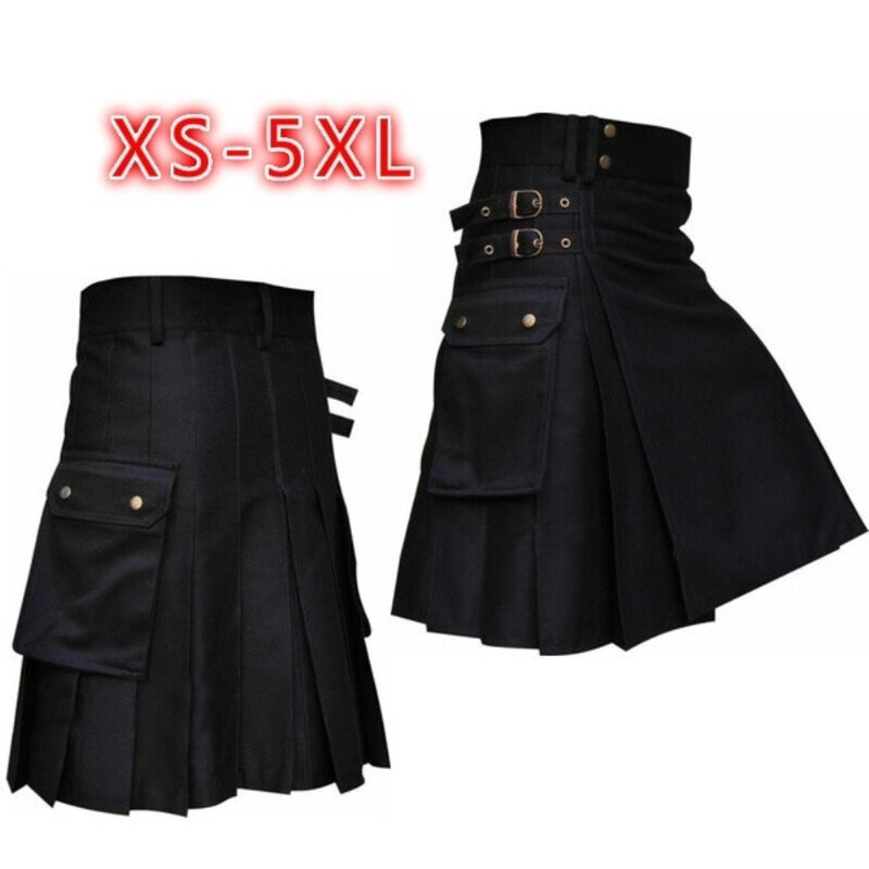 Falda plisada con cinturón de Metal para hombre, falda de alta calidad con bolsillos, Color sólido, estilo gótico, Guerrero Vintage