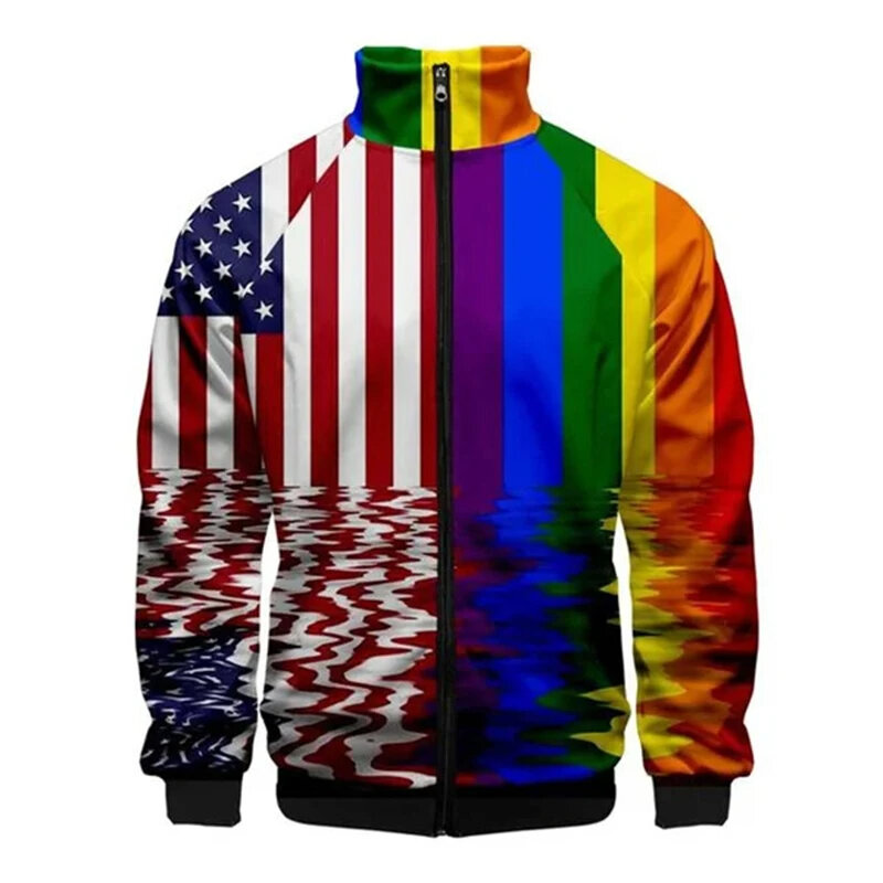 Chaqueta de manga larga con cremallera para hombre y mujer, abrigo informal con solapa 3D, Bandera de arco iris, Gay, LGBT, novedad