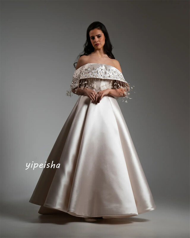 Gaun Prom Satin terbungkus manik-manik rumbai A-line Off-the-shoulder Bespoke gaun acara gaun panjang