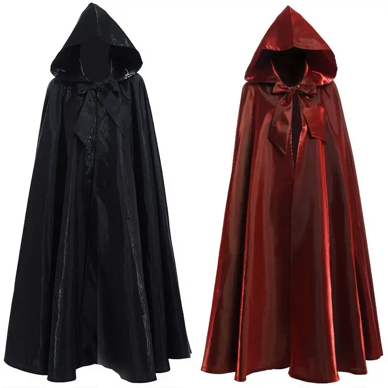 Men Adult Long Hero witchcraft 2024 Halloween Party cosplay Woman Robe Hood cloak Satin Red Medieval