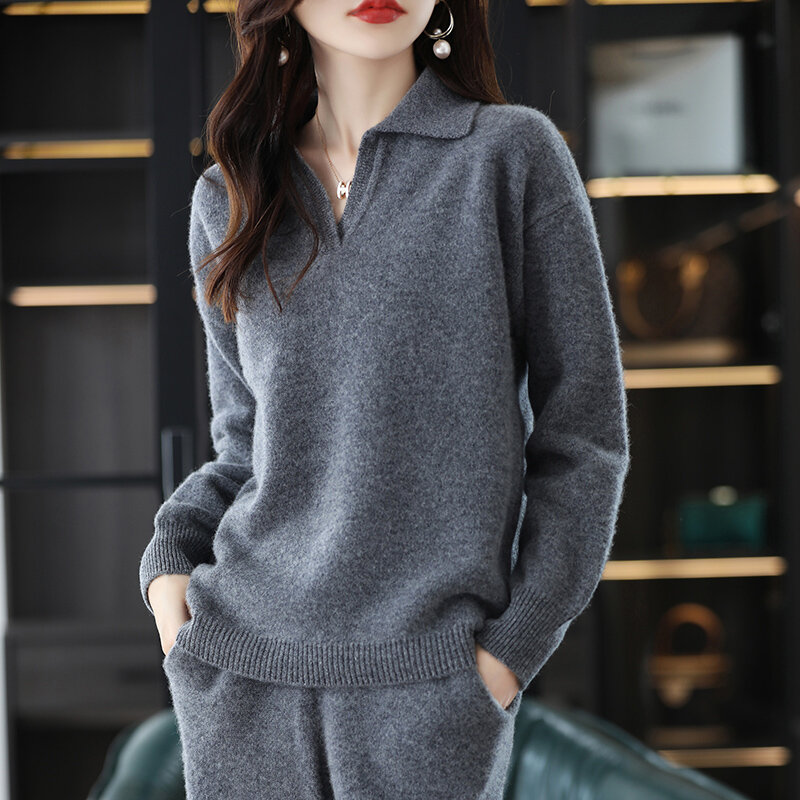 100% Wol Murni Wanita Musim Gugur/Musim Dingin Mode Baru Semua Pertandingan Kerah POLO Pullover Versi Korea Gaya Malas Setelan Kasmir Kasual
