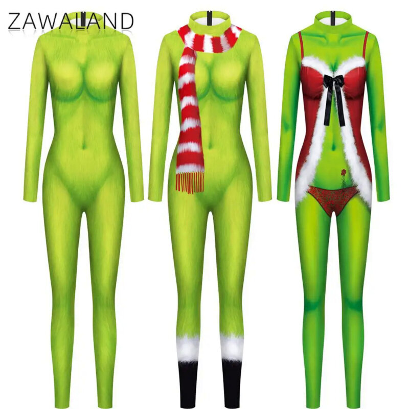 Zawaland-Green Guy Pattern Cosplay Costume para Mulheres, Macacão 3D Print, Xmas Party Clothes, Zentai Suit, Sexy Catsuit, Feriado, Natal